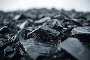 Dark rocks cover the ground in a close-up shot with blurred background.