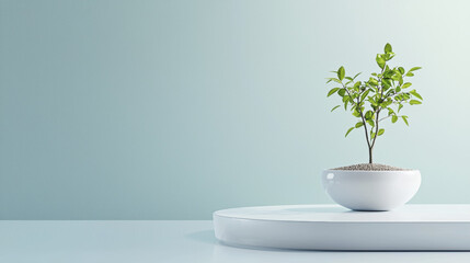 minimalist design featuring small green plant in white pot on circular platform against soft blue background