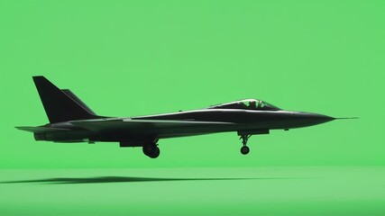 Realistic 3d animation of a modern fighter jet smoothly flying against a vibrant green screen backdrop, ideal for compositing and visual effects projects
