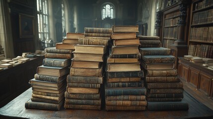 Antique Books Stacked Library Interior.