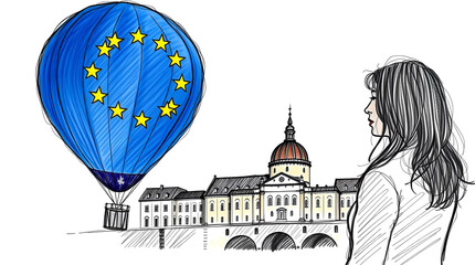 Happy Europe Day, A Woman Looking A Balloon with Europe flag on it, May 9, Isolated Background, Generative Ai