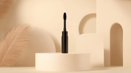 Cosmetic brush on beige podium, minimalist background
