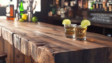 A rustic wooden bar serving tequila shots and lime wedges for Cinco de Mayo pic