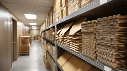 Obraz premium Cardboard dividers and packaging neatly stacked on shelves in storage room