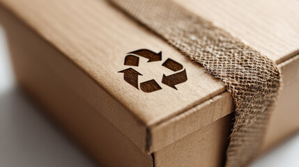 Obraz premium Eco friendly cardboard box with recycled symbol and burlap ribbon, promoting sustainability