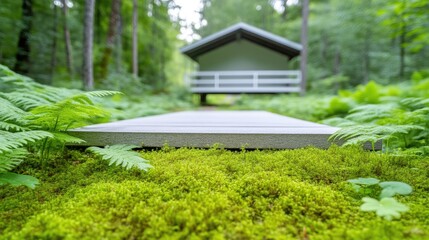 Obraz premium A wooden cabin nestled in a lush green forest, viewed from a mossy foreground with ferns, serene nature setting with soft focus, and tranquil retreat concept.