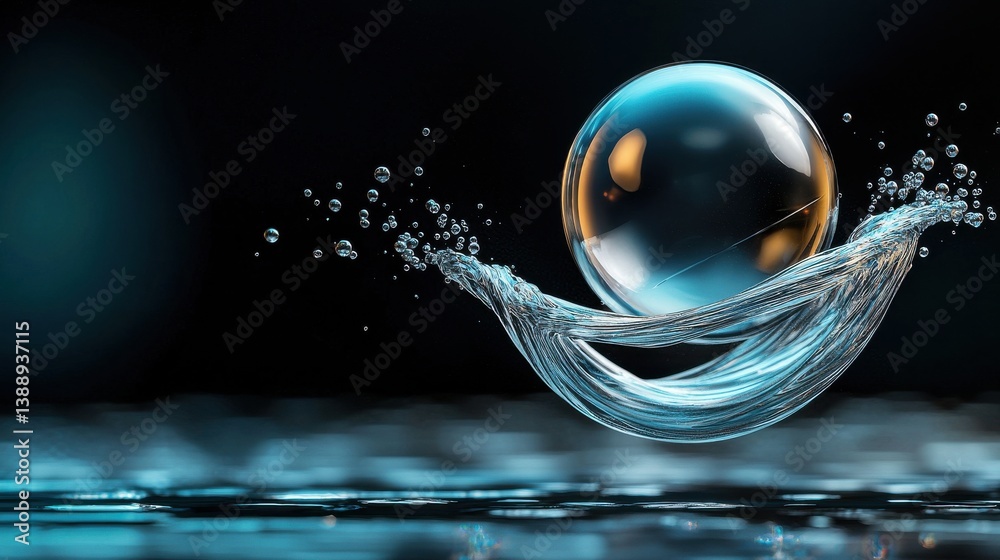 Poster a clear sphere is floating on top of a wave of water
