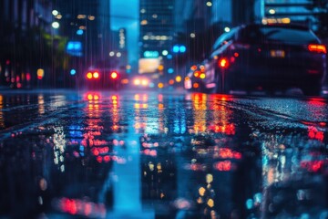 Obraz premium A wet urban street reflecting lights during a nighttime rainstorm