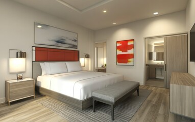 A modern bedroom with a bed and bathroom visible