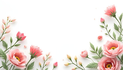 Obraz premium Flower frame, flower background. Mother's Day, Wedding, feminine, isolated flowers. flower decoration, deco, Rose, Lily, Daisy, leaves, lavender, Abutilon, white background, postcard, mock up