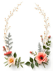 Obraz premium Flower frame, flower background. Mother's Day, Wedding, feminine, isolated flowers. flower decoration, deco, Rose, Lily, Daisy, leaves, lavender, Abutilon, white background, postcard, mock up