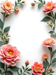 Fototapeta premium Flower frame, flower background. Mother's Day, Wedding, feminine, isolated flowers. flower decoration, deco, Rose, Lily, Daisy, leaves, lavender, Abutilon, white background, postcard, mock up