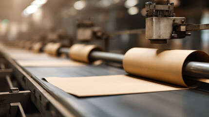 Fototapeta premium Kraft paper rolls on conveyor in factory setting, showcasing industrial production