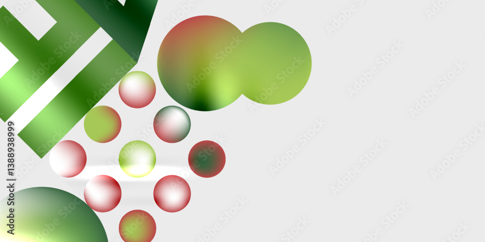 Poster Abstract composition. Green, red spheres overlap. White lines intersect. Gradient colors create depth. Minimalist design, modern aesthetic.