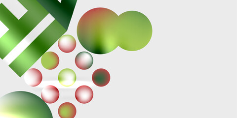 Abstract composition. Green, red spheres overlap. White lines intersect. Gradient colors create depth. Minimalist design, modern aesthetic.