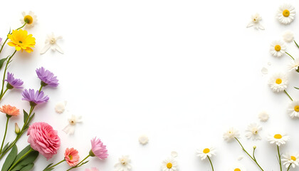 Obraz premium Flower frame, flower background. Mother's Day, Wedding, feminine, isolated flowers. flower decoration, deco, Rose, Lily, Daisy, leaves, lavender, Abutilon, white background, postcard, mock up