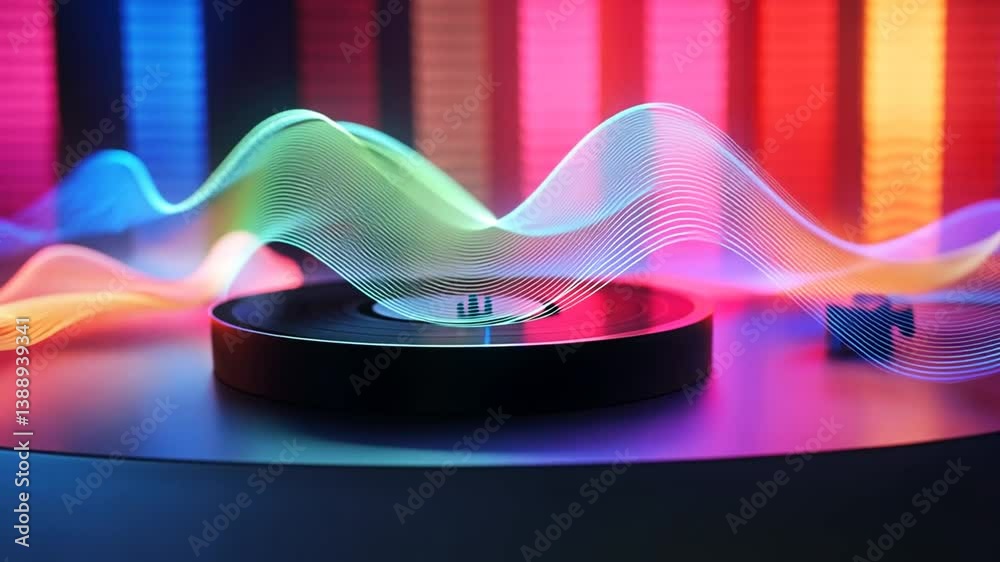 Poster vibrant visuals: abstract record player displaying dynamic audio waves and pulsating lights