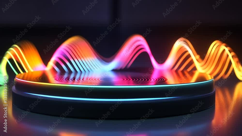 Poster abstract luminous waveforms emanating above a multicolored circular platform, creating a vivid spect