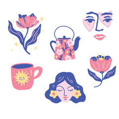 Cute floral illustrations with a teapot mug and faces