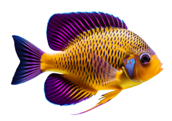 Close up of a vibrant yellow fish with purple fins on a in a studio shot style on transparent background