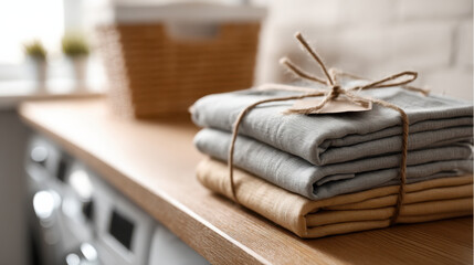 Neatly folded reusable cloth towels tied with twine on wooden surface