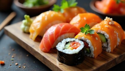 Colorful sushi platter, various rolls, ginger, plate, isolated, colorful