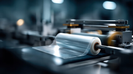 roll of transparent plastic film is being processed on industrial machinery, showcasing modern manufacturing
