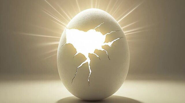 Illuminated egg cracks revealing light, symbolizes new beginnings and transformation
