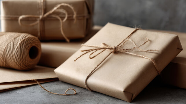 Gift wrapped in brown paper with twine, creating rustic and eco friendly look