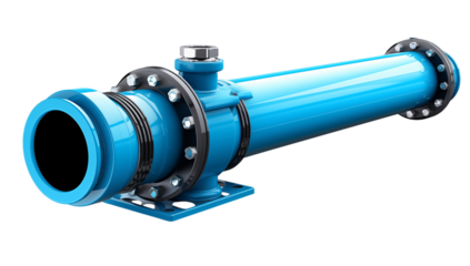A blue pipe with flanges and bolts isolated on in a studio shot illustration on transparent background