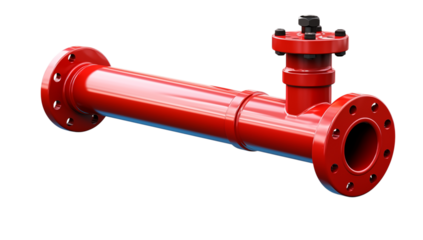 A red industrial pipe with flanges and a valve on a in a studio shot on transparent background