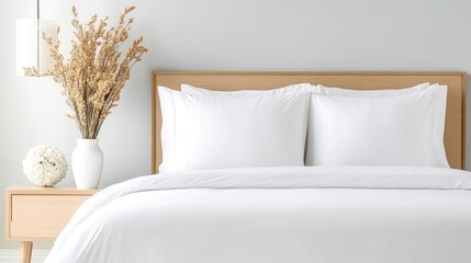 A neatly made bed with crisp white sheets and pillows sits against a light wood headboard. A dried floral arrangement in a white vase rests on a nearby wooden side table. The image is bright and clea