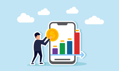Businessman holding a dollar coin next to a smartphone showing a chart, illustration of monitoring business financial performance through an app