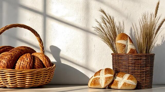 Freshly baked bread rolls displayed in a rustic setting with shadows and decorative wheat