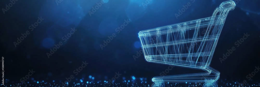 Poster sleek shopping cart icon with glowing lines on deep blue background showcasing a futuristic e-commer