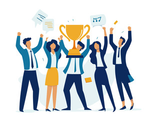 Joyful Business Team Celebrates Success Winning Trophy, Leadership and Career Achievement Concept, Flat Minimalist Vector Illustration
