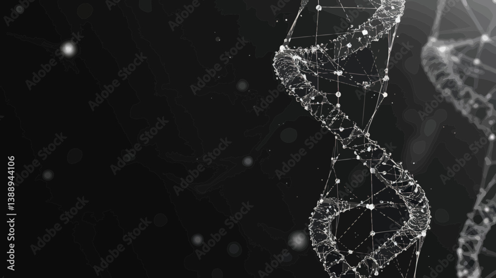Poster grey dna strand with polygon lines on black background - polygonal low poly structure with connectin