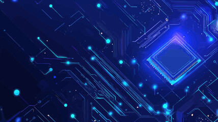 Abstract AI Circuit Board Technology Background with Blue Connected Lines, Electronics Elements, Processor, Chip, and Semiconductor - Minimalist Digital Vector Illustration