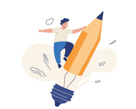 Man Riding Pencil Rocket from Lightbulb, Creativity and Innovation Concept, Inspiration for Writing, Boosting Creative Thinking, Flat Minimalist SVG Vector