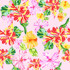 Exotic tropic Hawaiian flowers seamless pattern on pink background