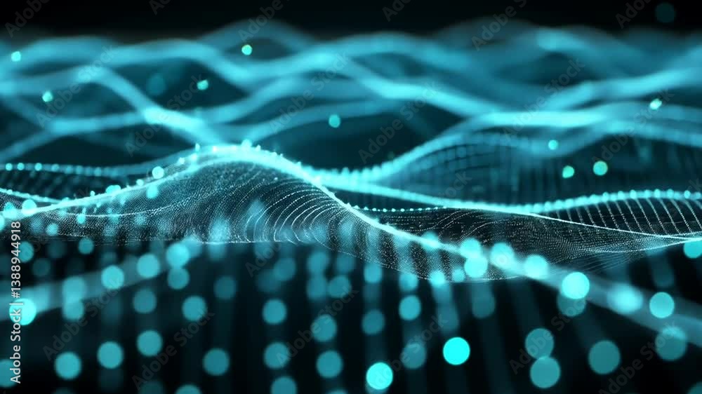 Poster futuristic data stream visualization with flowing digital particles and grid waves