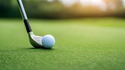 Close-up of golf ball on pristine green with golf club about to swing