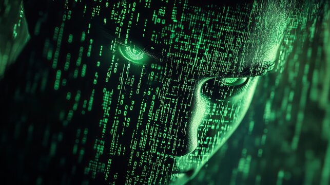A close up of a face covered in green binary code with glowing eyes in a dark background image