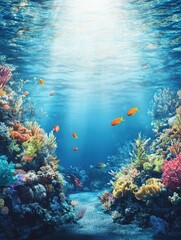 Naklejka premium Swimming Fish Among Coral Reefs with Sunlight Underwater Scene
