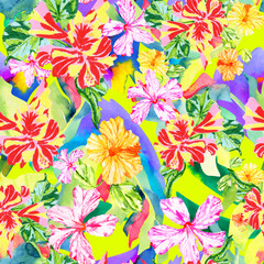 Summer watercolor exotic floral seamless colorful pattern