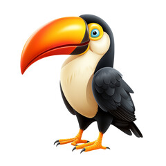 Illustration of a cartoon toucan standing with a large orange beak against a on transparent background