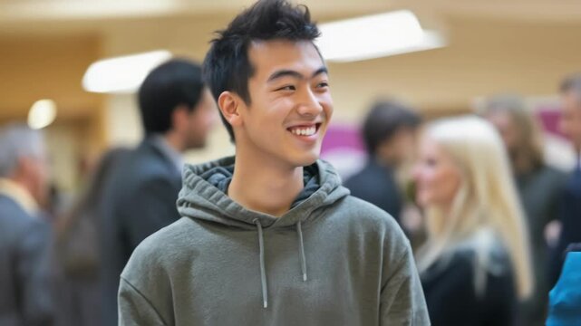 Young volunteer holding flyers and engaging in a political rally, discussing with other participants and sharing information about their cause