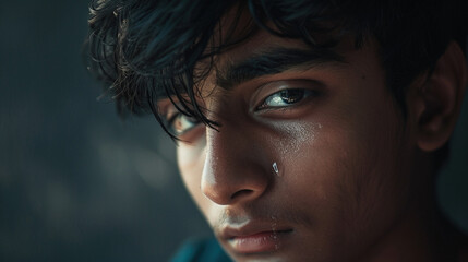 Teenager's close-up tear-filled eyes, capturing raw emotion and vulnerability. The glistening tears and flushed skin amplify the intensity of sadness or distress war and refugee