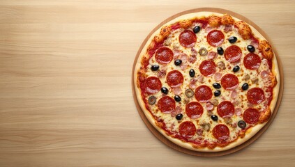 Delicious Pepperoni Pizza with Olives on a Wooden Board Overhead