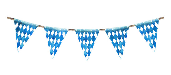 Fototapeta premium Flags on the rope. Blue rhombus on white background triangular pennant. Oktoberfest festival traditional ornament garland. Watercolor painted illustration. Elements of Bavarian flag. Isolated clipart